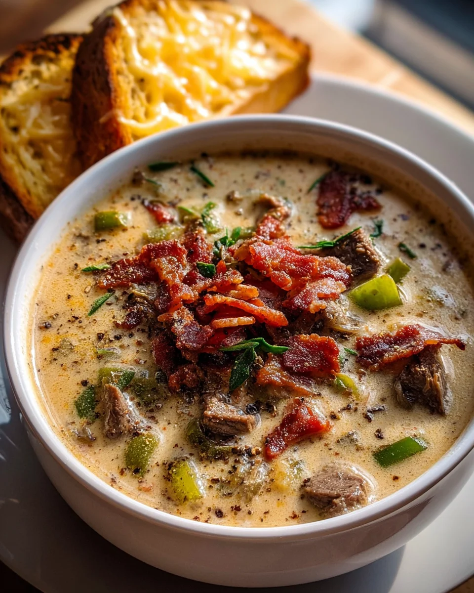 One Pot Philly Cheesesteak Suppe mit Beef Bacon und Käsetoast