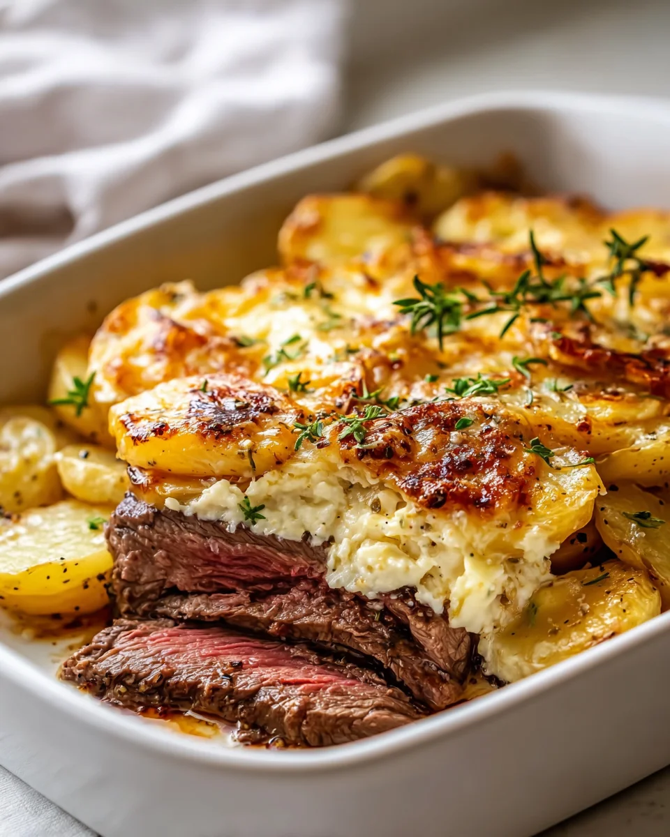 Knoblauchbutter Steak mit Cheddar Kartoffelauflauf Rezept