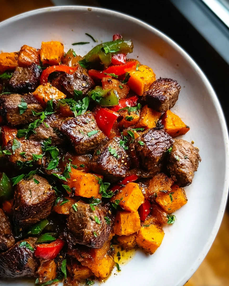 Saftige Steak Bites mit Süßkartoffeln und Paprika Rezept