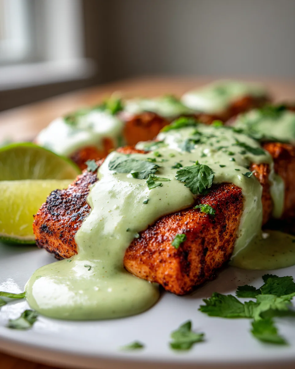 Baked Cajun Lachs mit Avocado-Limetten-Sauce genießen!