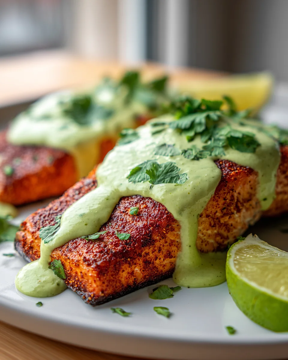 Baked Cajun Lachs mit Avocado-Limetten-Sauce genießen!