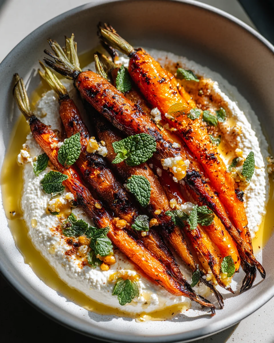 Geröstete Karotten mit geschlagenem Ricotta und scharfen Honig