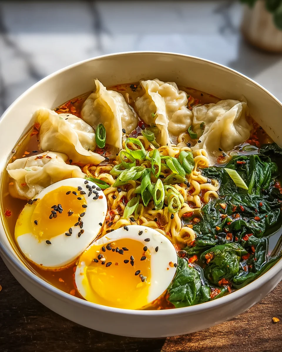 Leckere Dumpling-Ramen-Bowl mit Rindfleisch und Gemüse