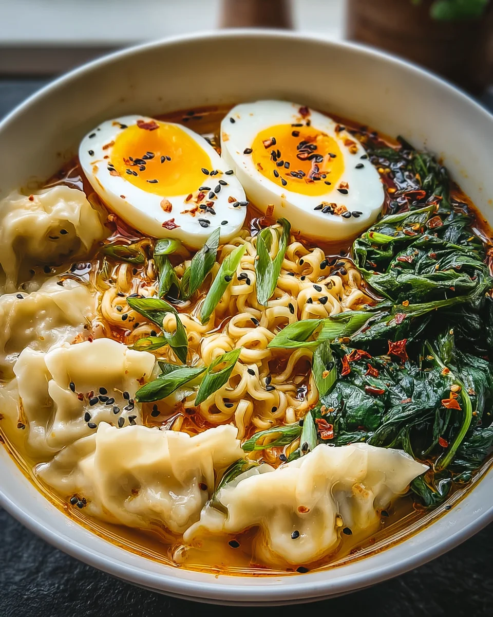 Leckere Dumpling-Ramen-Bowl mit Rindfleisch und Gemüse