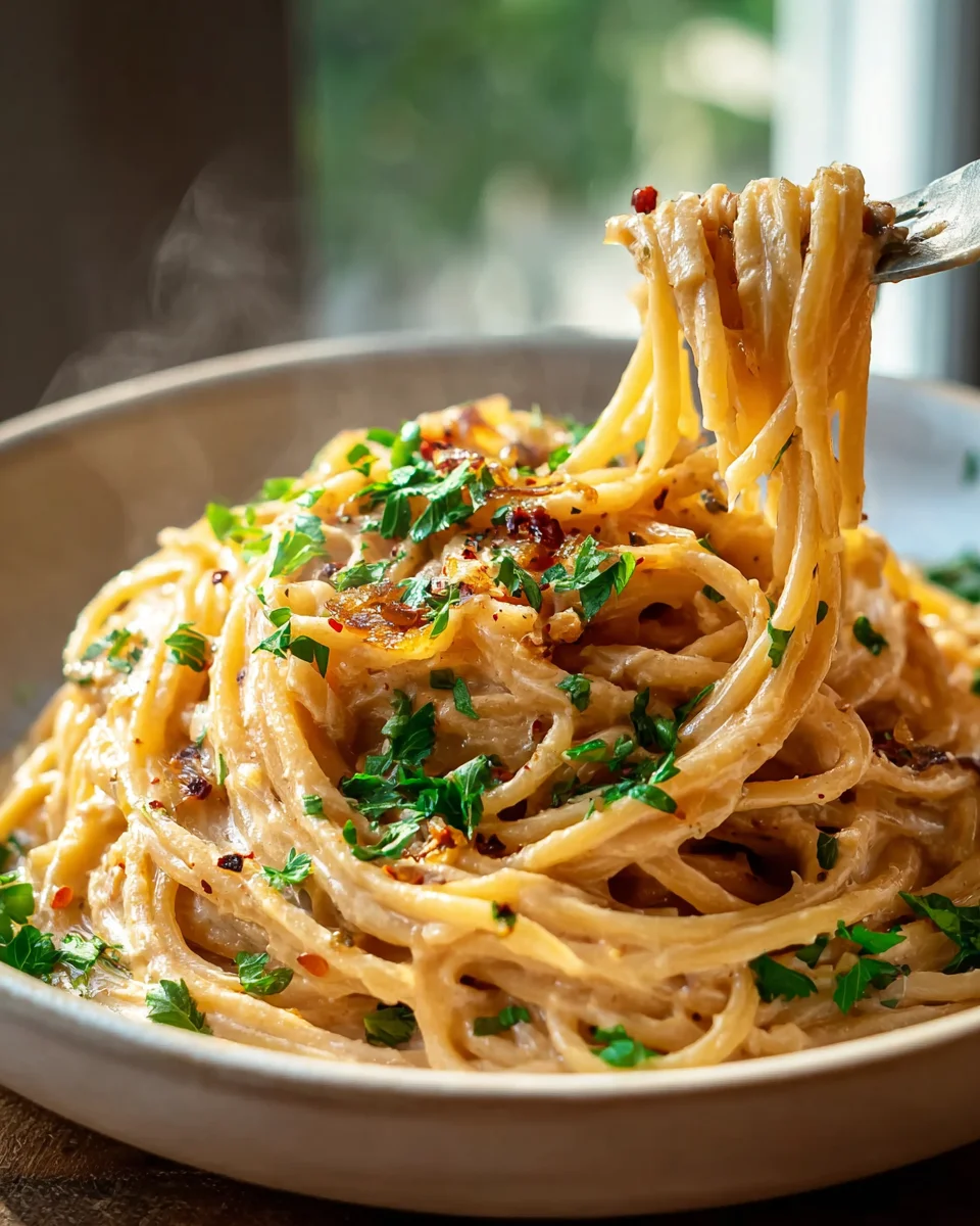 Cremige vegane Pasta mit karamellisierten Zwiebeln – Rezept!