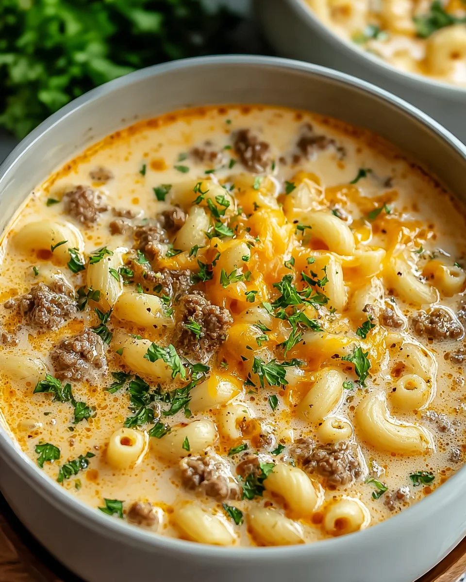 Genussvolle Macaroni Cheeseburger Suppe aus einem Topf!