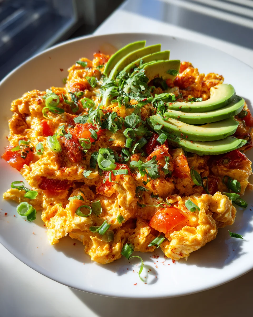 Cremiges Enchilada Rührei mit Avocado und frischem Koriander