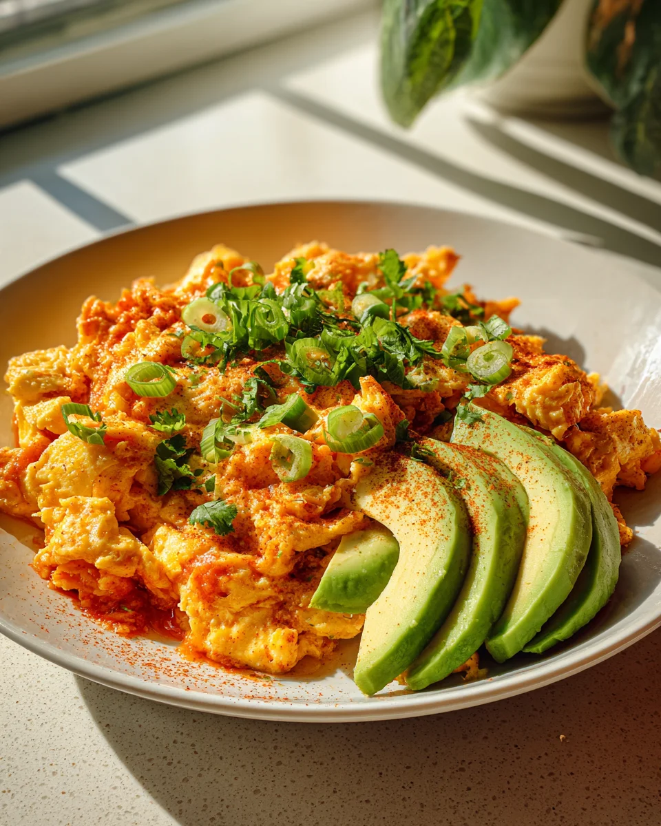Cremiges Enchilada Rührei mit Avocado und frischem Koriander