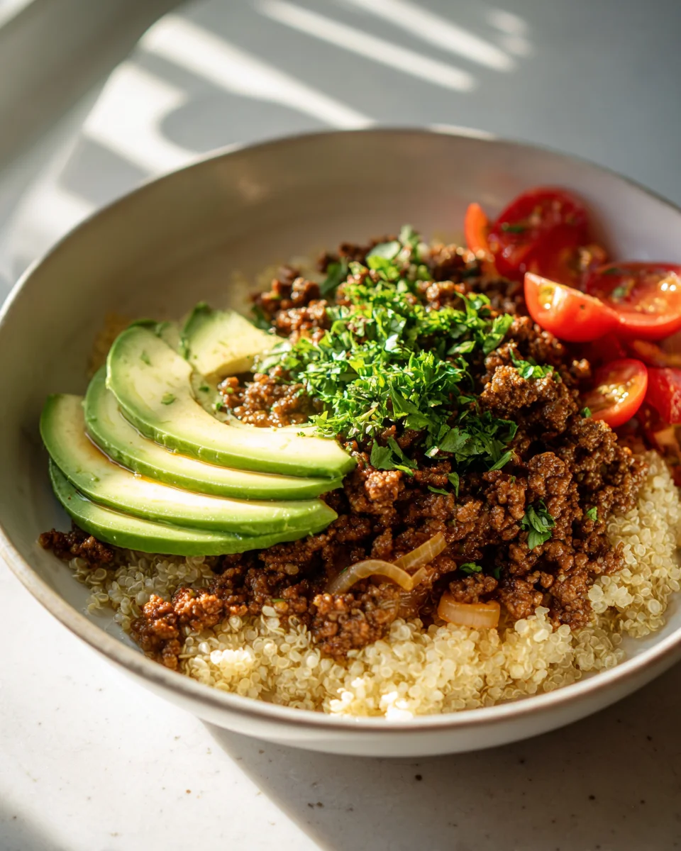 Fix & Gesund: Zwiebel Hackfleisch Bowl mit Quinoa & Avocado
