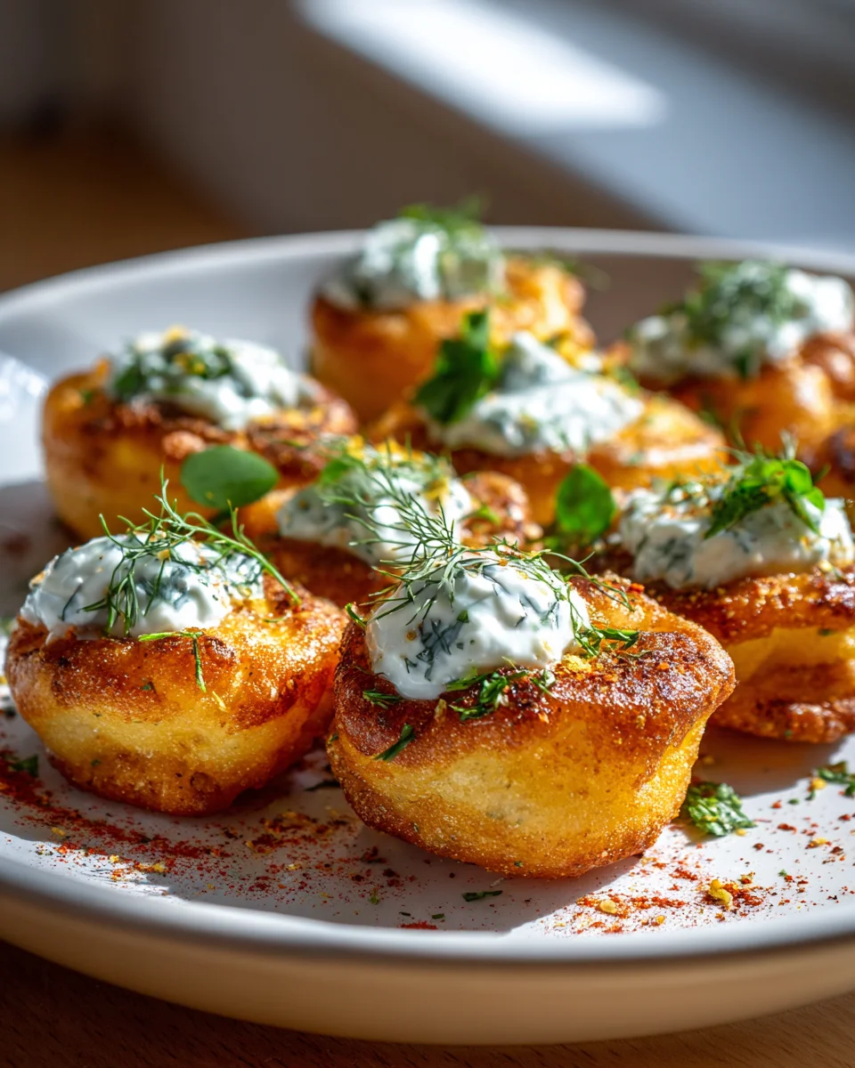Mini Lángos Bites: Knusprige Snacks mit Kräuter-Joghurt-Dip