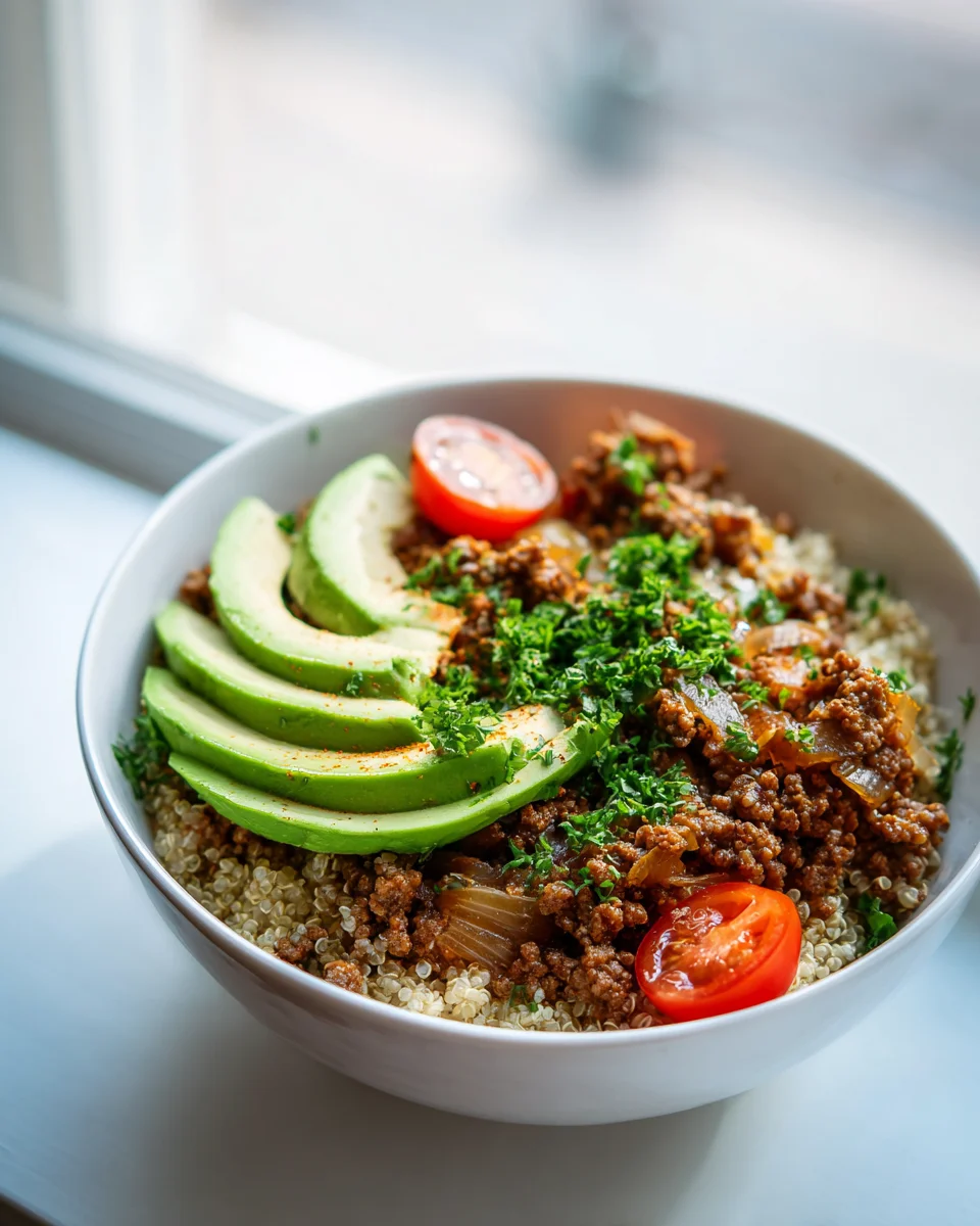 Fix & Gesund: Zwiebel Hackfleisch Bowl mit Quinoa & Avocado
