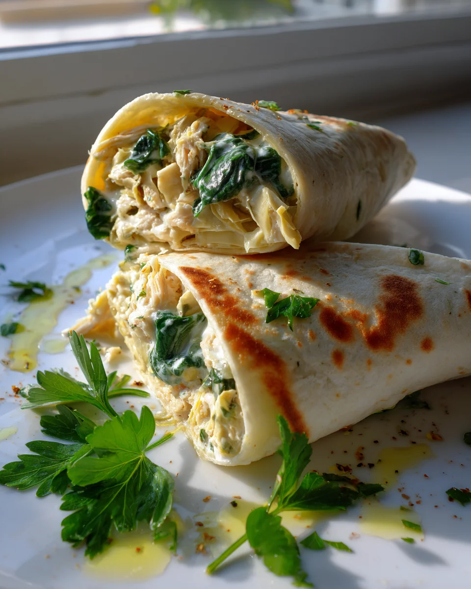 Herzhafte Hähnchen Wraps: Käse, Knoblauch, Spinat, Artischocke