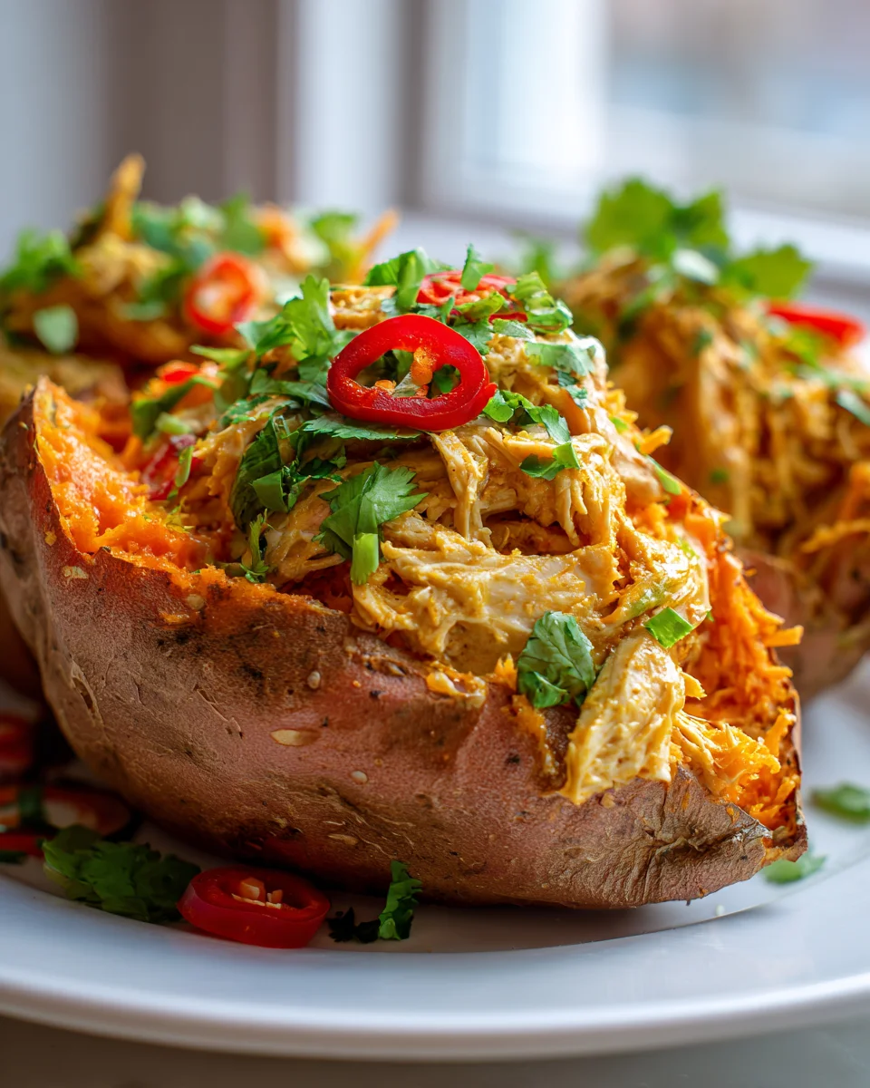 Cremiges Thai Kokos Hähnchen gefüllt in Süßkartoffeln