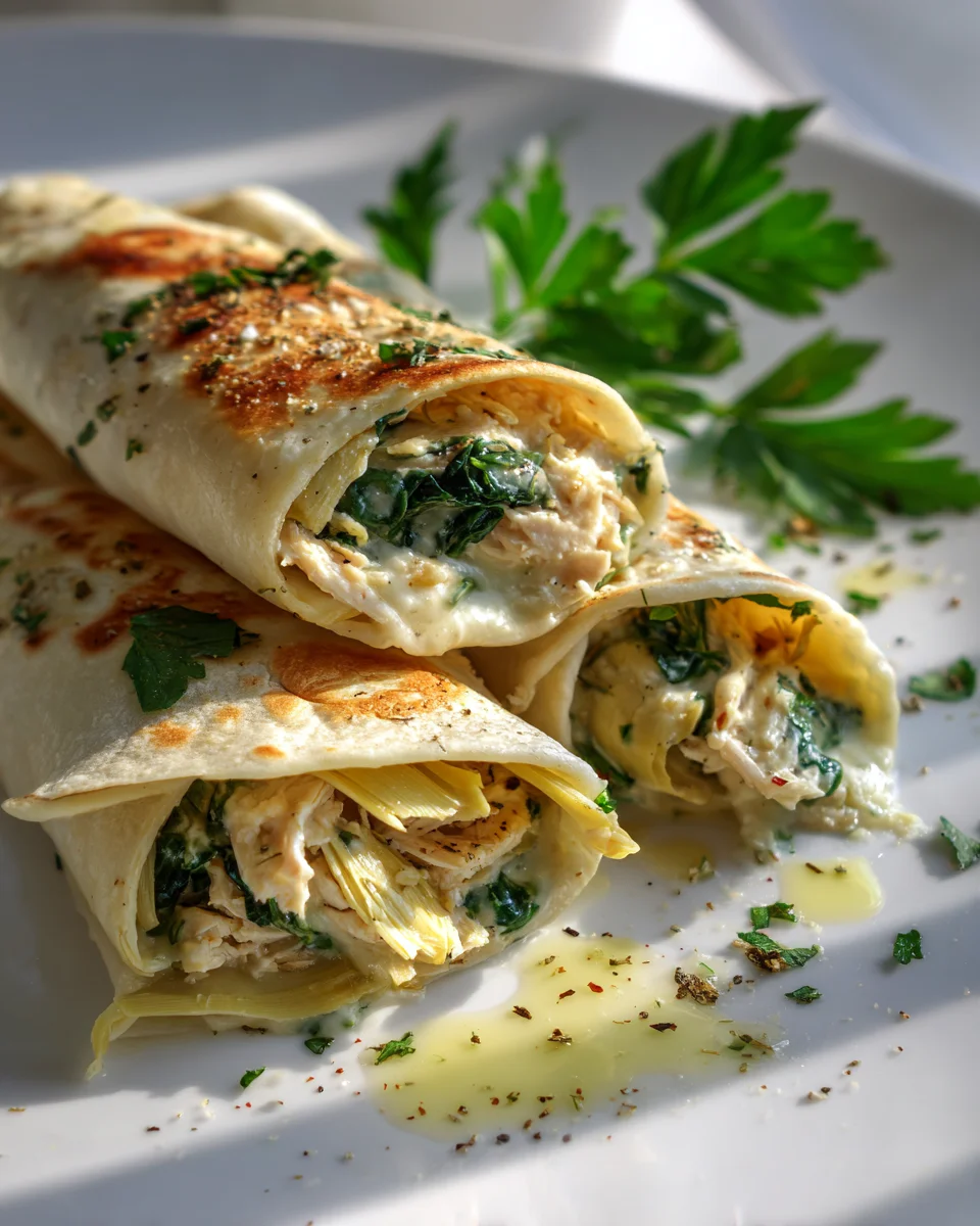 Herzhafte Hähnchen Wraps: Käse, Knoblauch, Spinat, Artischocke
