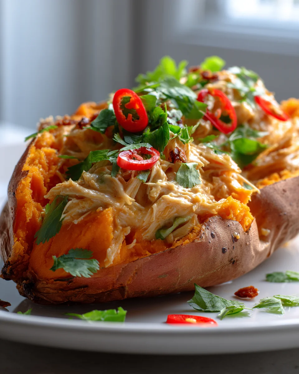 Cremiges Thai Kokos Hähnchen gefüllt in Süßkartoffeln