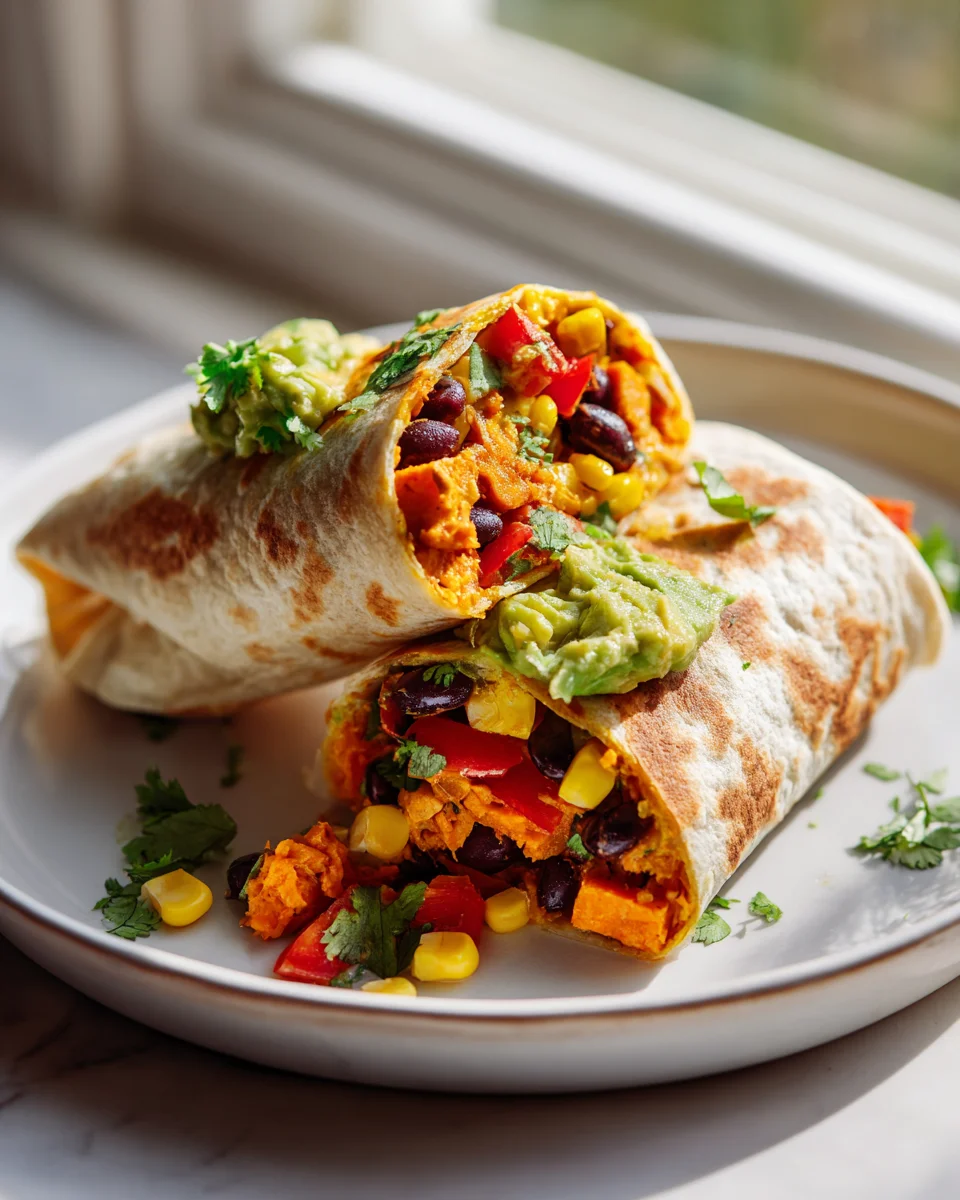 Leckerer Southwest Süßkartoffel Burrito mit Mais & Paprika