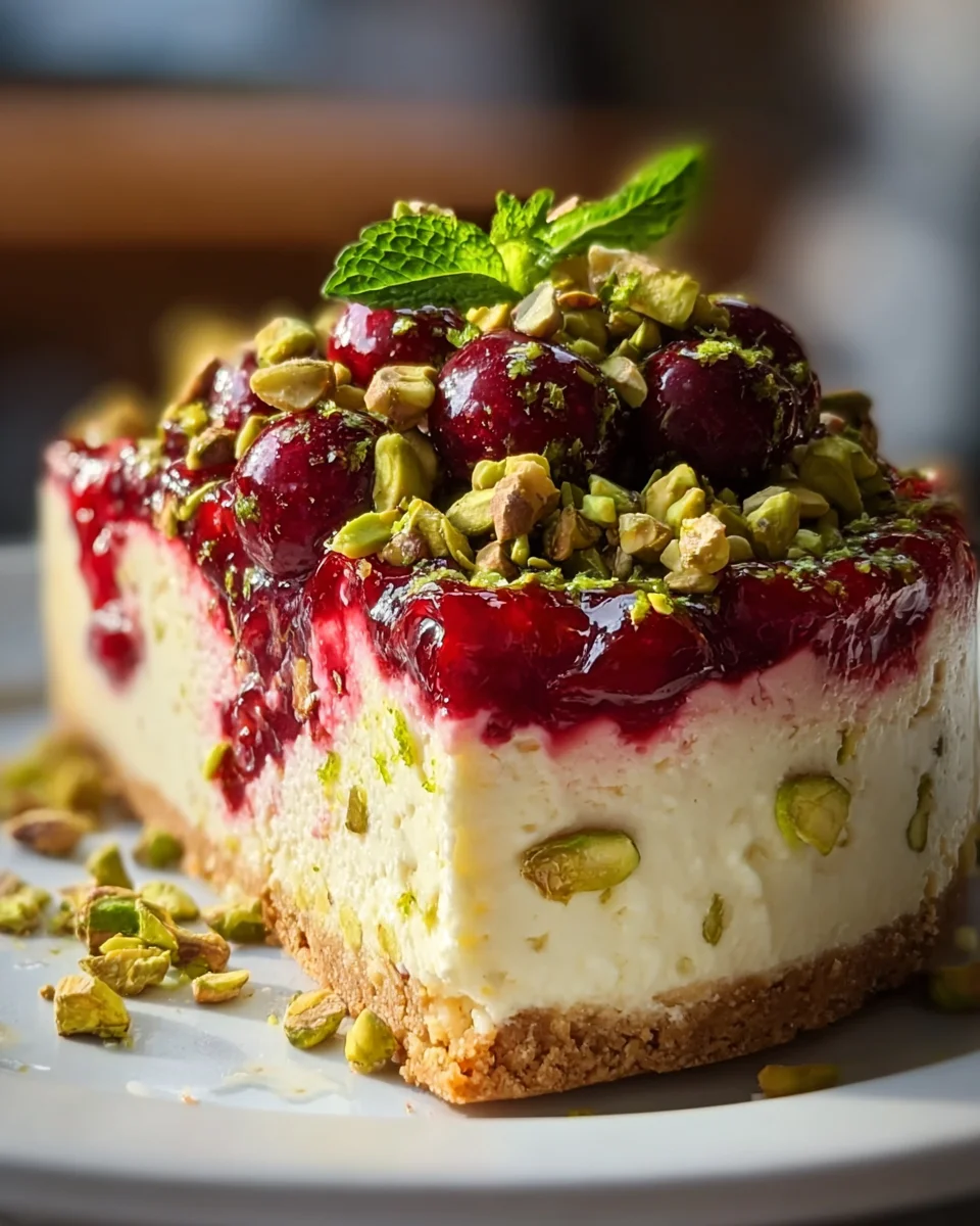 Cremiger Zitronen-Limetten-Kirsch-Pistazien Käsekuchen