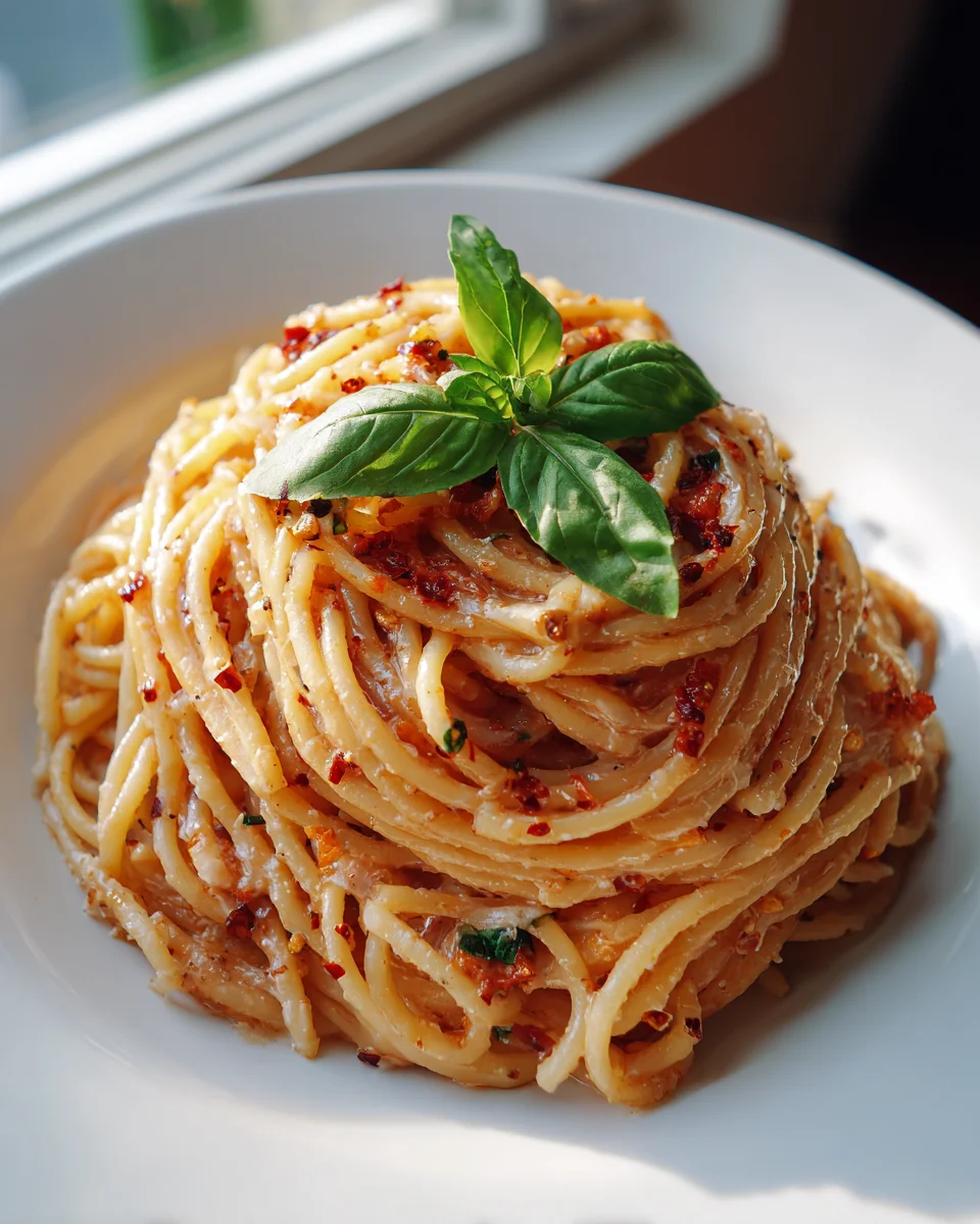 Cremige Tomaten Knoblauch Pasta mit Chili Flocken Rezept