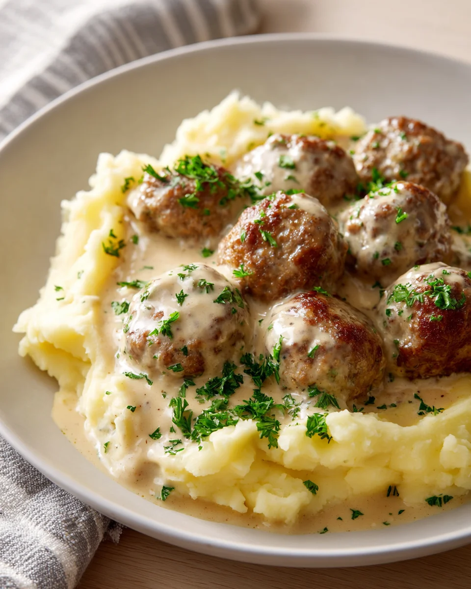 Saftige Hackbällchen mit cremiger Sauce & Kartoffelpüree