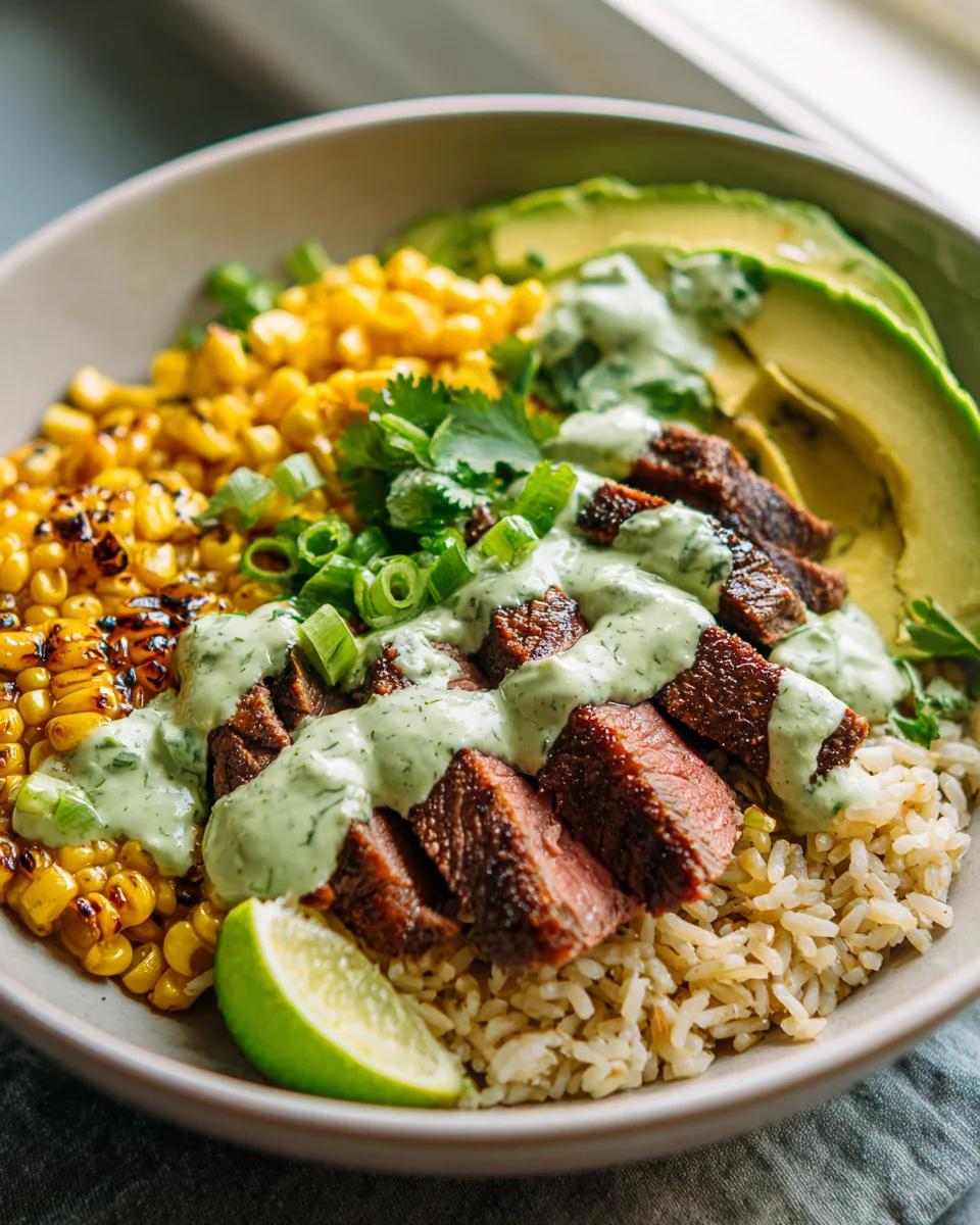 Saftige Steak Bowl: Avocado, Mais & Koriandercreme