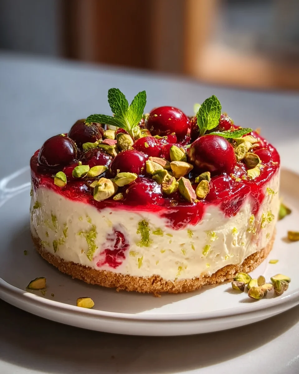 Cremiger Zitronen-Limetten-Kirsch-Pistazien Käsekuchen