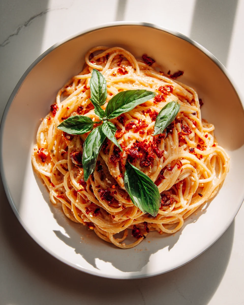 Cremige Tomaten Knoblauch Pasta mit Chili Flocken Rezept