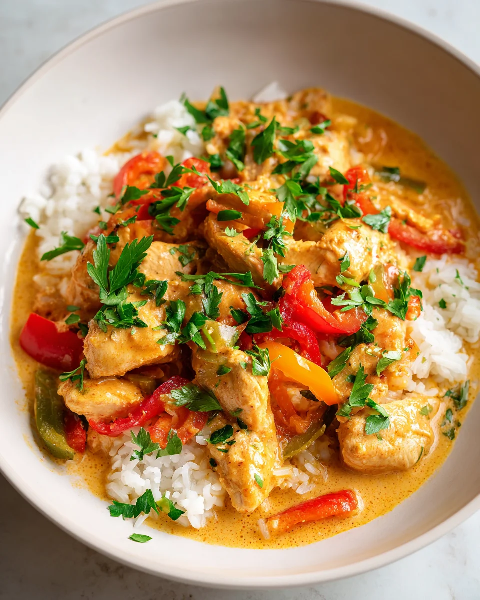 Cremige Kürbis-Hähnchen-Pfanne: Paprika & Reis Genuss