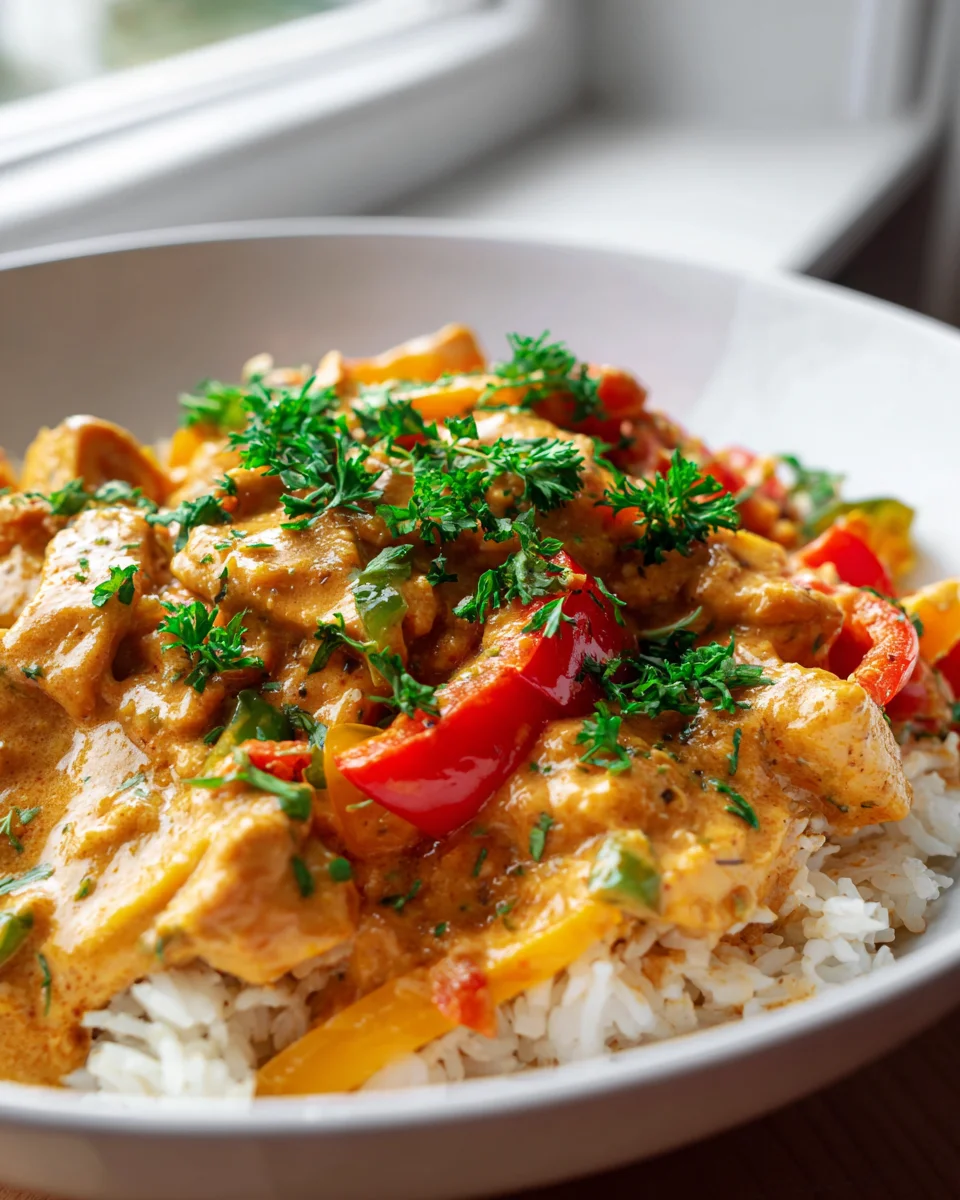 Cremige Kürbis-Hähnchen-Pfanne: Paprika & Reis Genuss