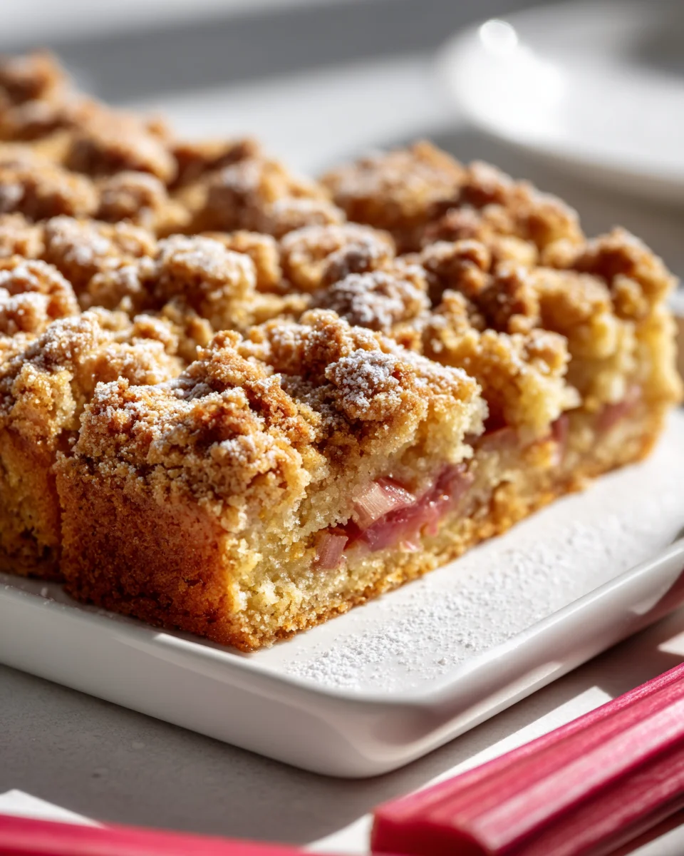 Erdnussfreier Rhabarber Streuselkuchen vom Blech genießen!
