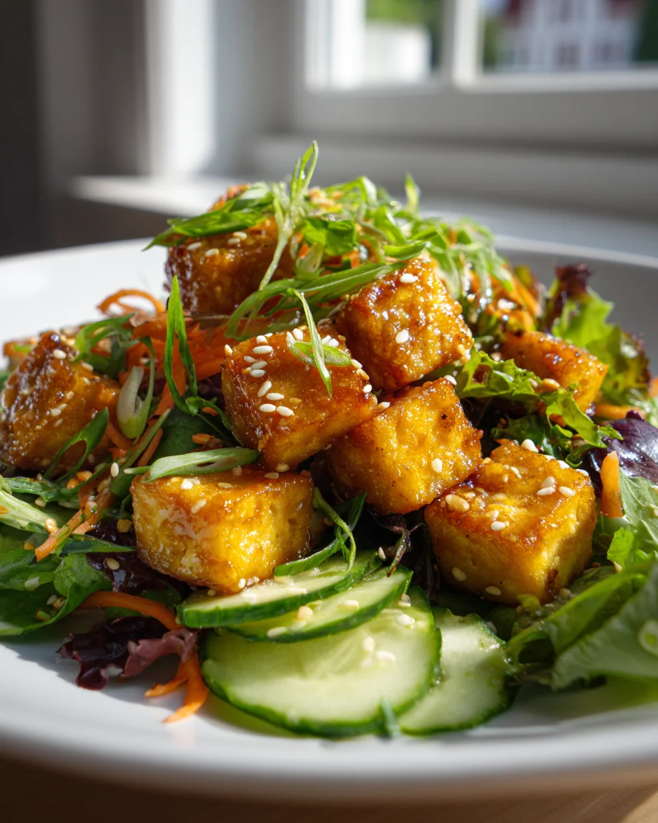 Gebratener Tofu Salat: Sesam-Dressing, leicht & lecker!