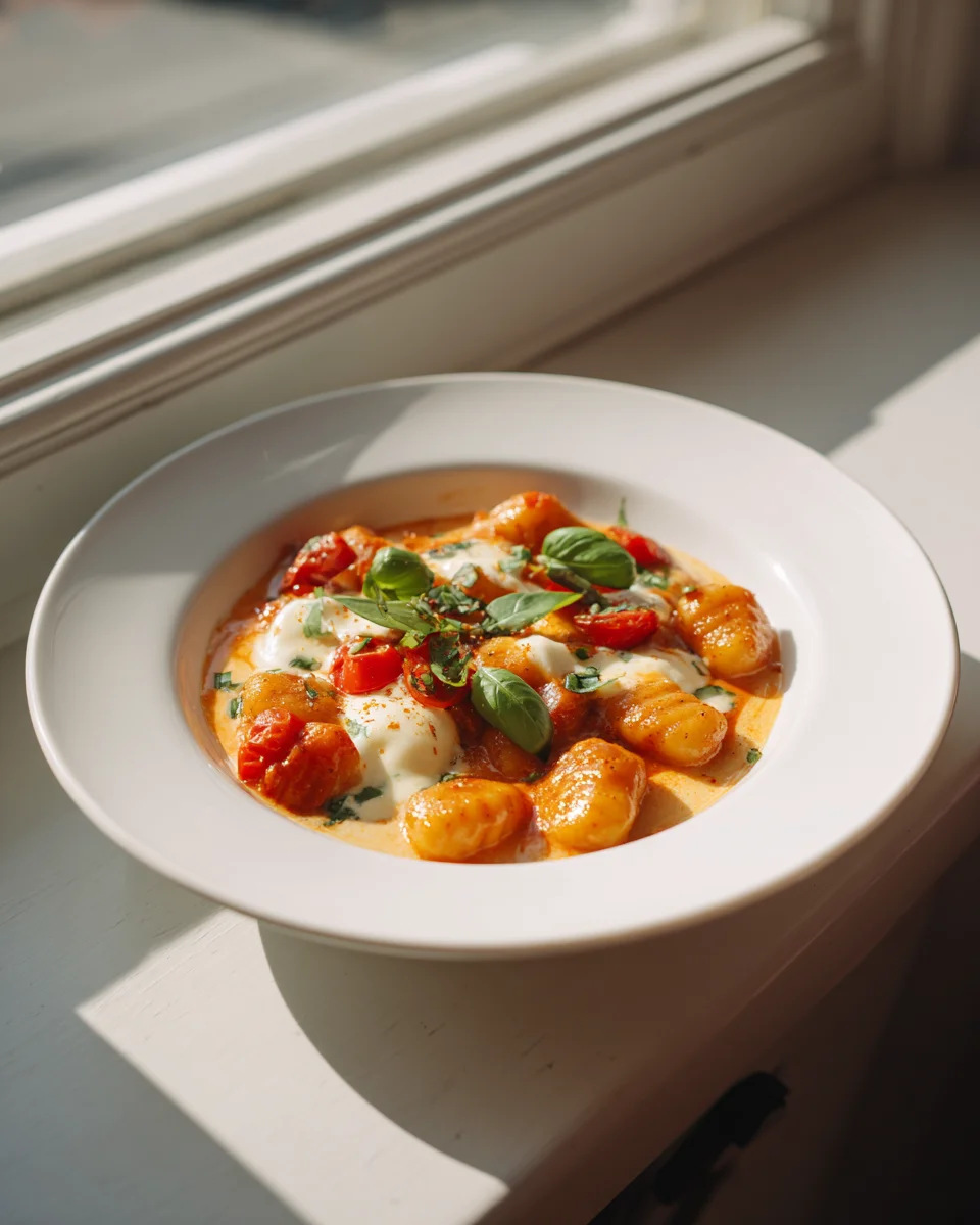 Cremige Gnocchi Pfanne mit Tomate, Mozzarella & Basilikum