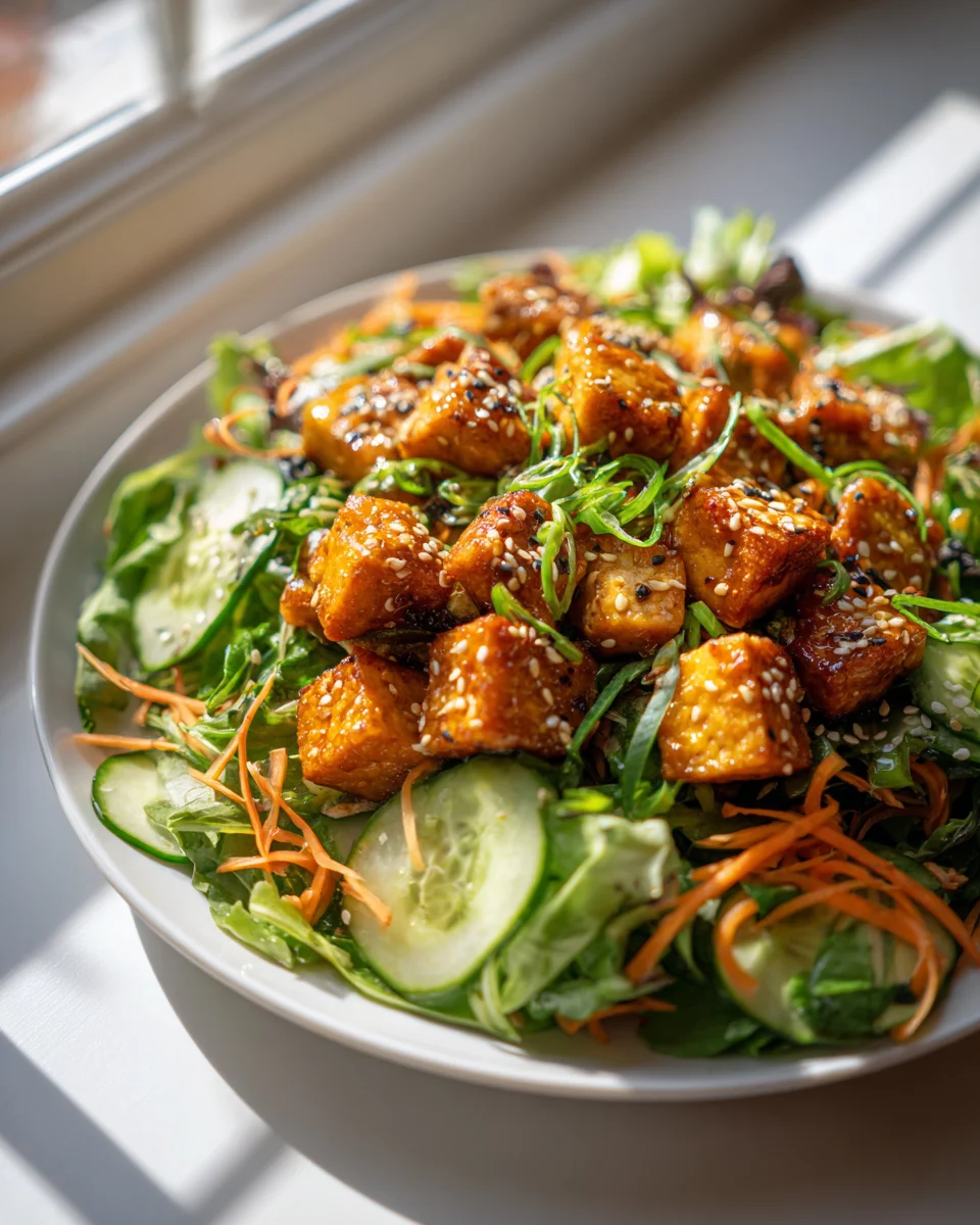 Gebratener Tofu Salat: Sesam-Dressing, leicht & lecker!