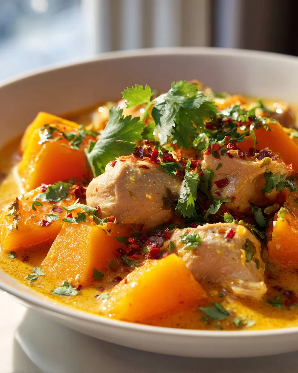 Herzhaftes Kürbis-Hähnchen-Curry mit Kokosmilch für den Herbst