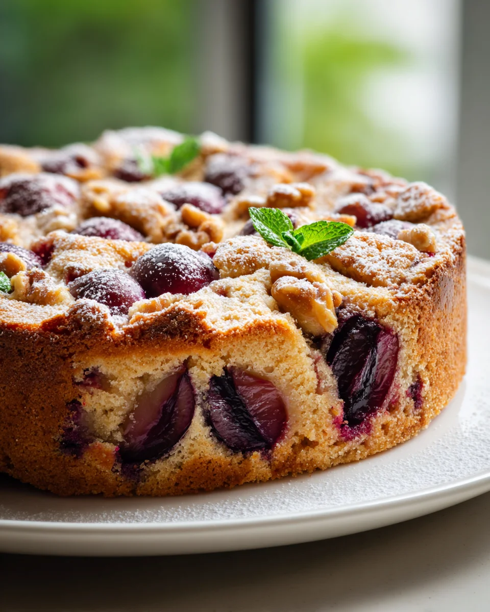 Rustikaler alkoholfreier Pflaumen-Walnuss-Kuchen aus der Pfanne