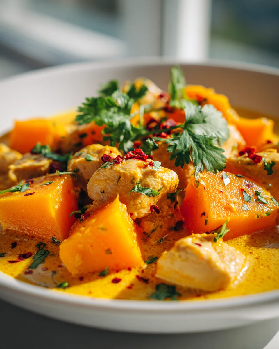 Herzhaftes Kürbis-Hähnchen-Curry mit Kokosmilch für den Herbst