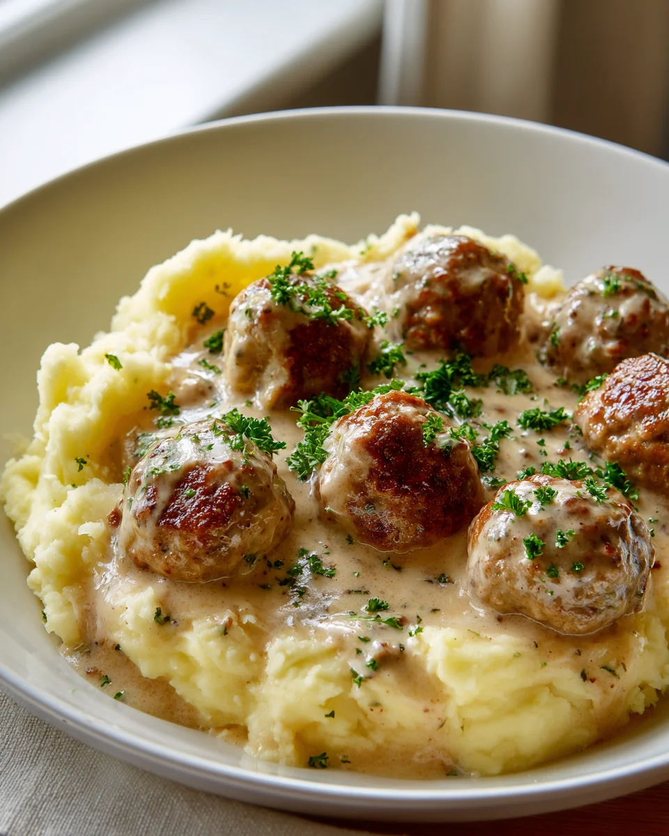 Saftige Hackbällchen mit cremiger Sauce & Kartoffelpüree