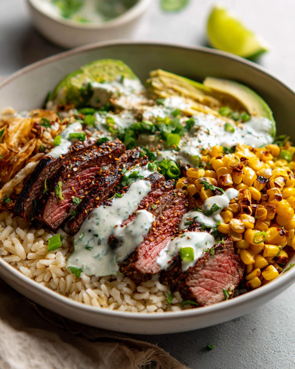 Saftige Steak Bowl: Avocado, Mais & Koriandercreme