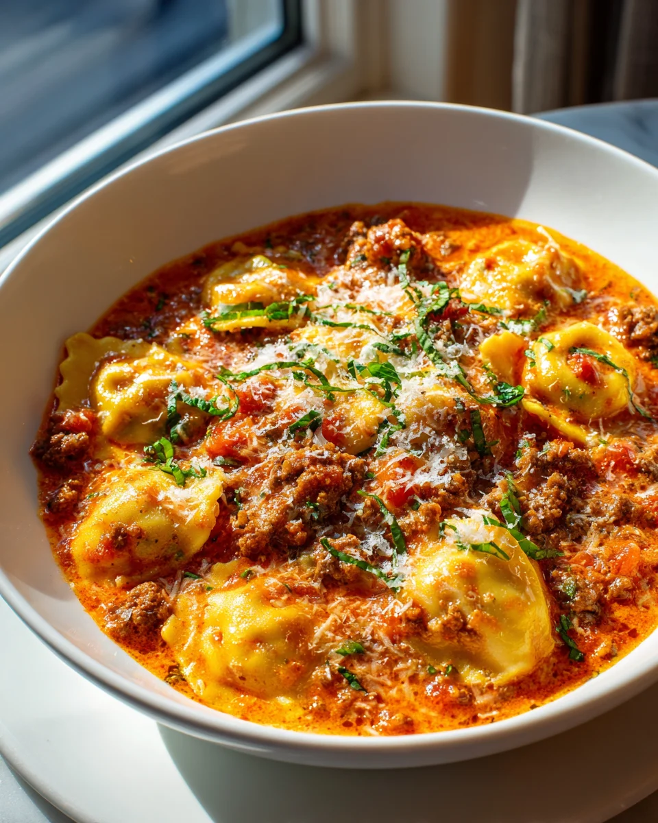 Pizzasuppe mit Hackfleisch und Ravioli in Tomatensauce