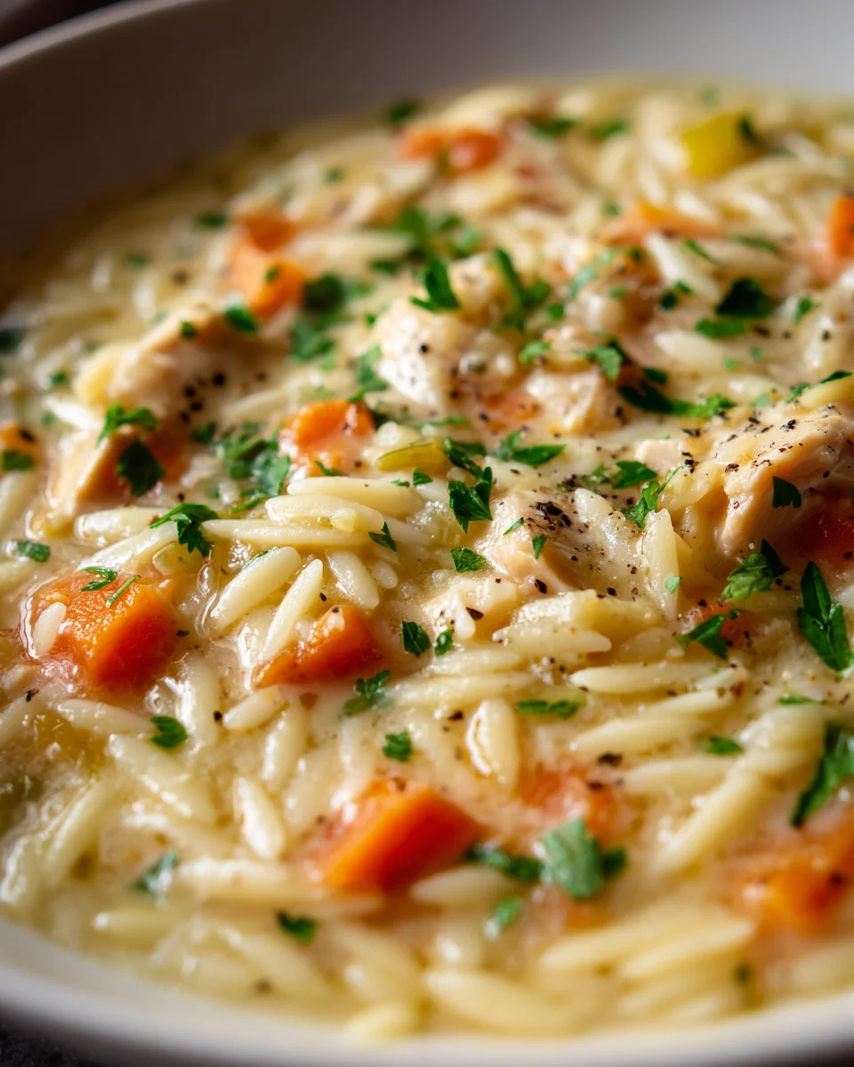 Cremige Hühner-Orzo-Suppe mit Karotten und Sellerie Rezept