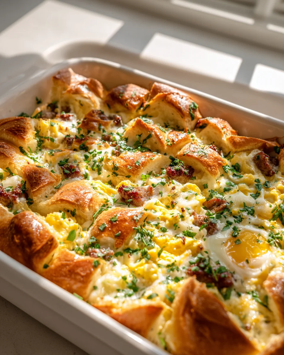 Käse-Brötchen Frühstücksauflauf mit Eiern und Rindfleisch