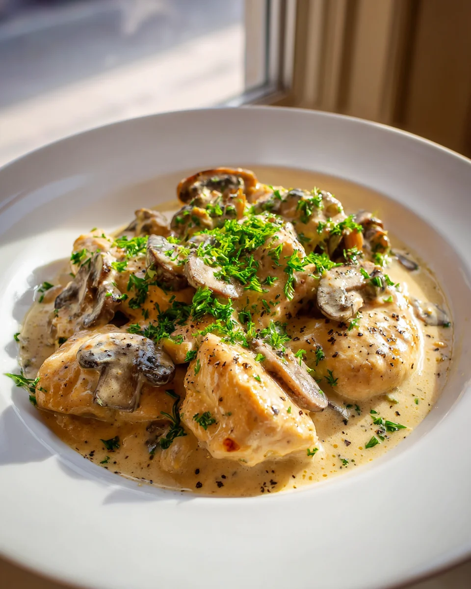 Leckeres Hähnchen Stroganoff mit Champignons und Sauerrahm