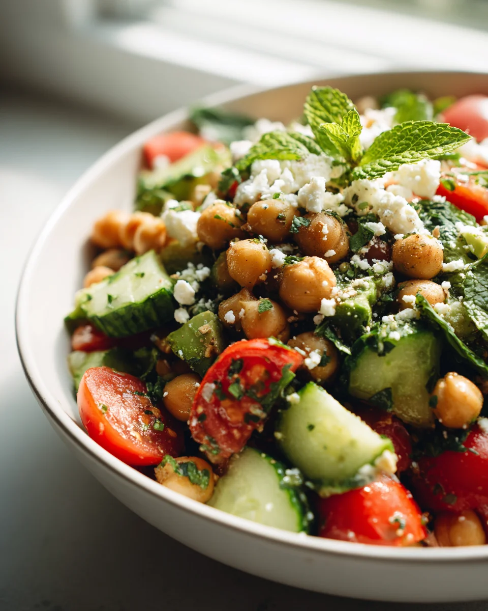 Mediterraner Kichererbsen-Feta-Avocado-Salat in Schalen