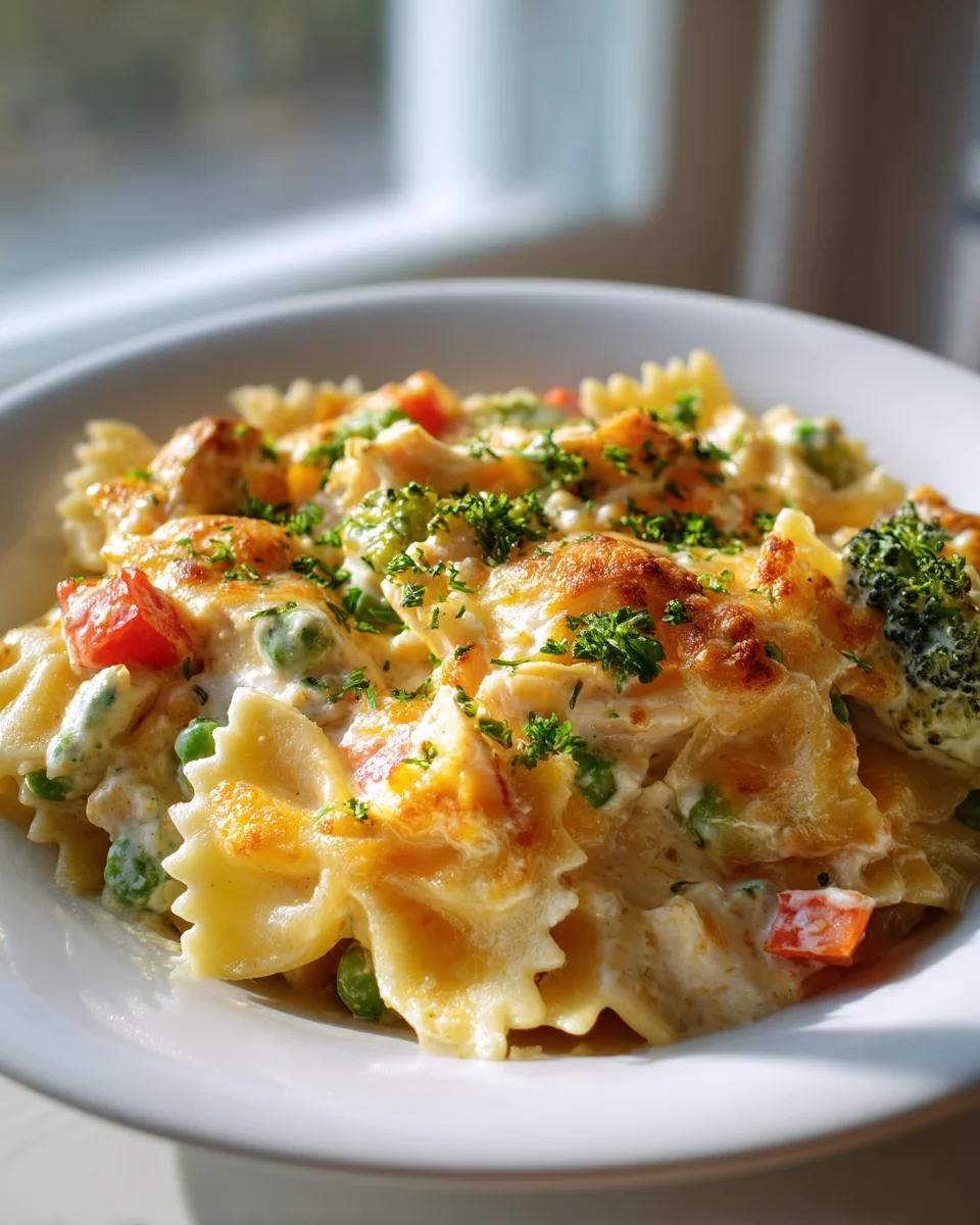 Käse-Hühnchen-Farfalle-Auflauf mit Havarti-Kruste & Gemüse
