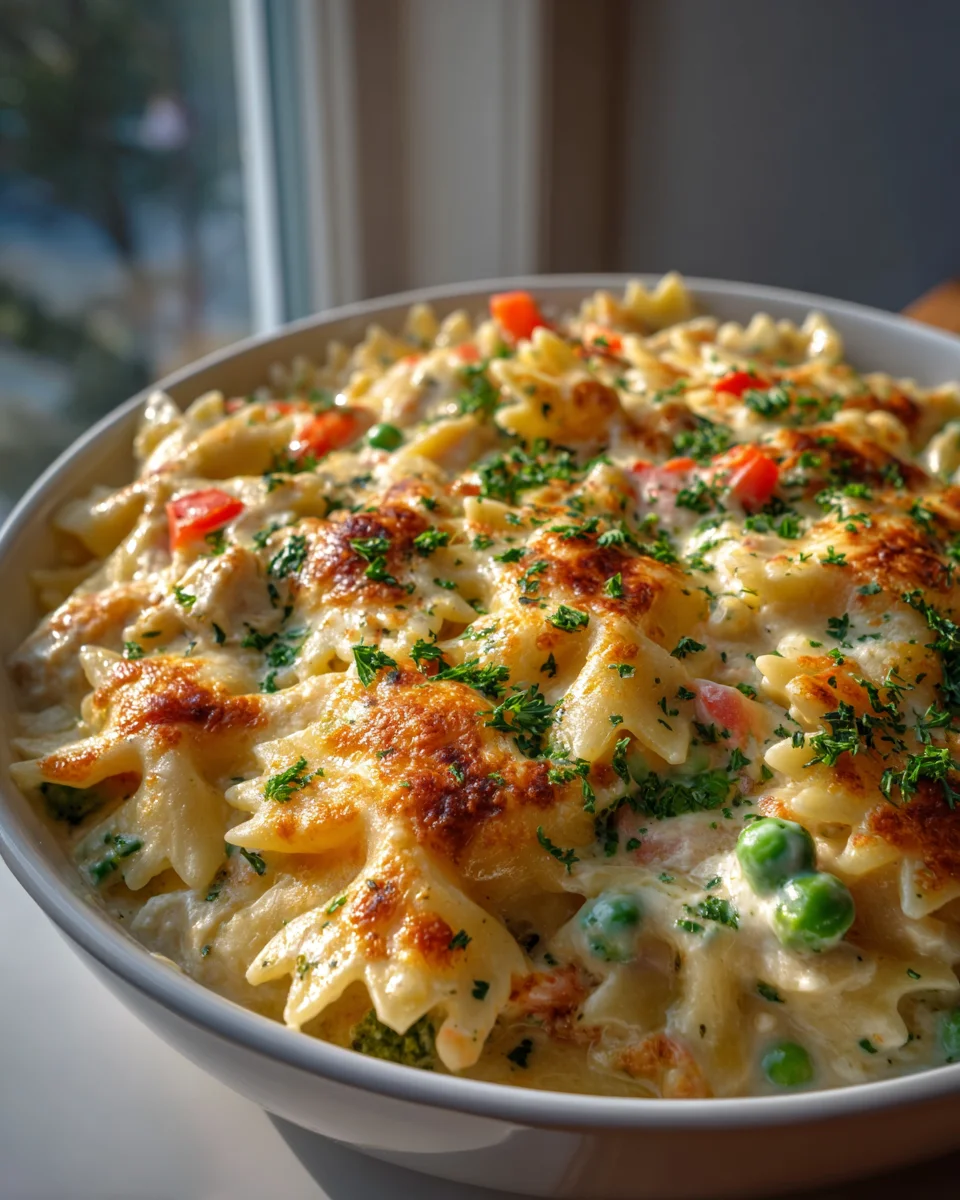 Käse-Hühnchen-Farfalle-Auflauf mit Havarti-Kruste & Gemüse