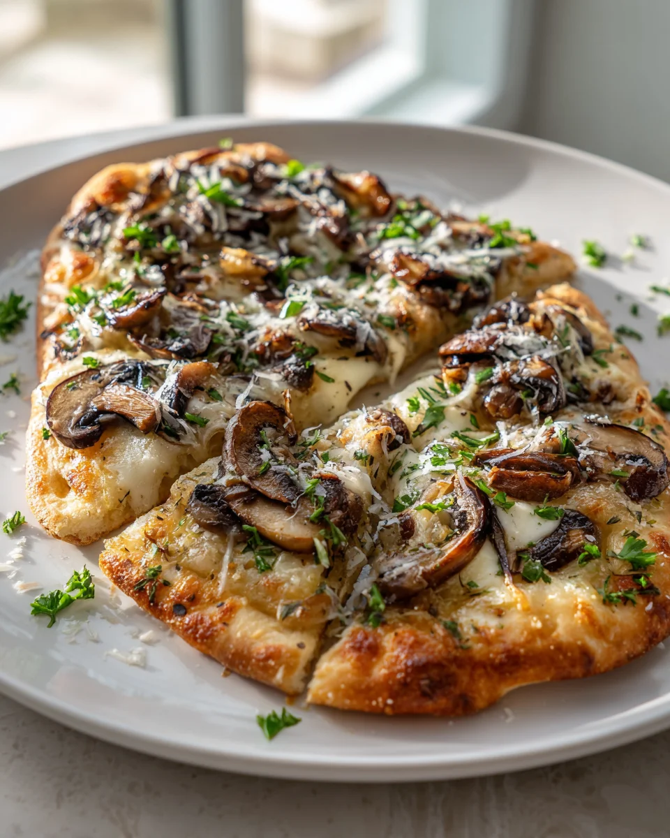 Knoblauch-Parmesan-Pilz-Fladenpizza mit Mozzarella