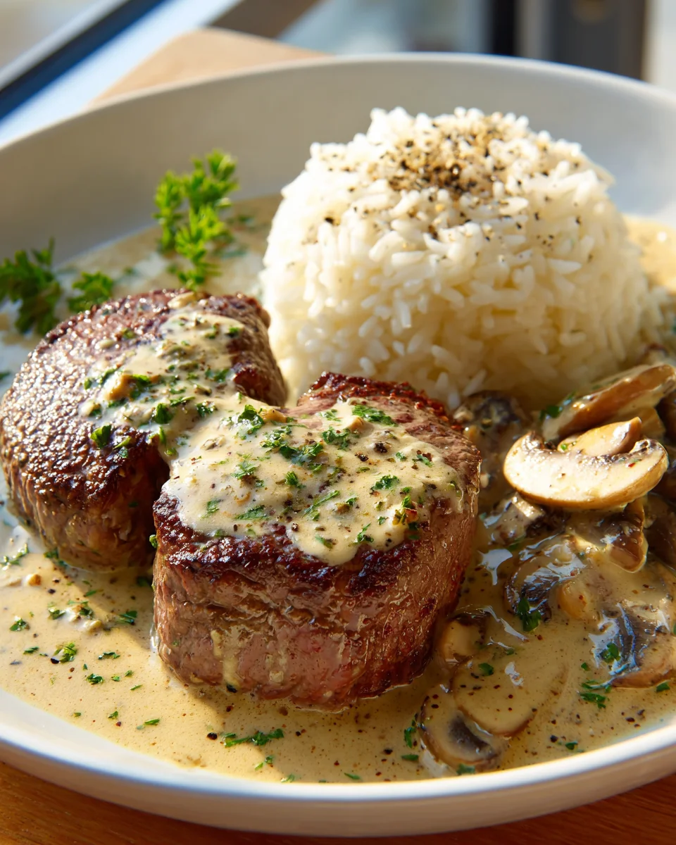 Beef Medaillons in Pilzrahmsoße mit Reis-Pfanne Rezept