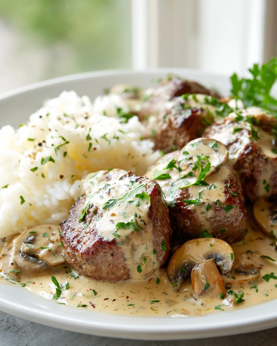 Beef Medaillons in Pilzrahmsoße mit Reis-Pfanne Rezept