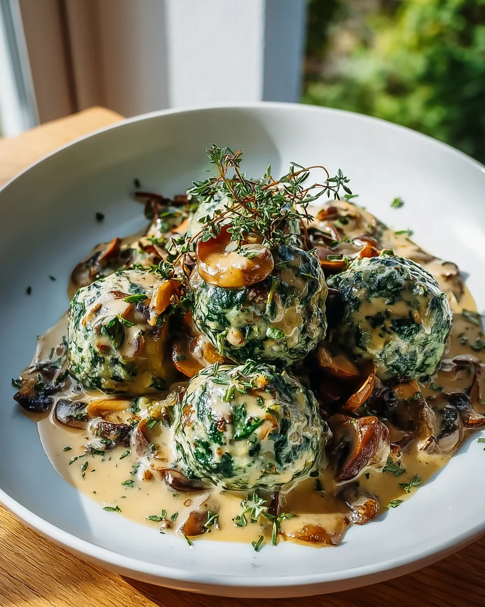 Spinatknödel mit würzigem Pilzragout