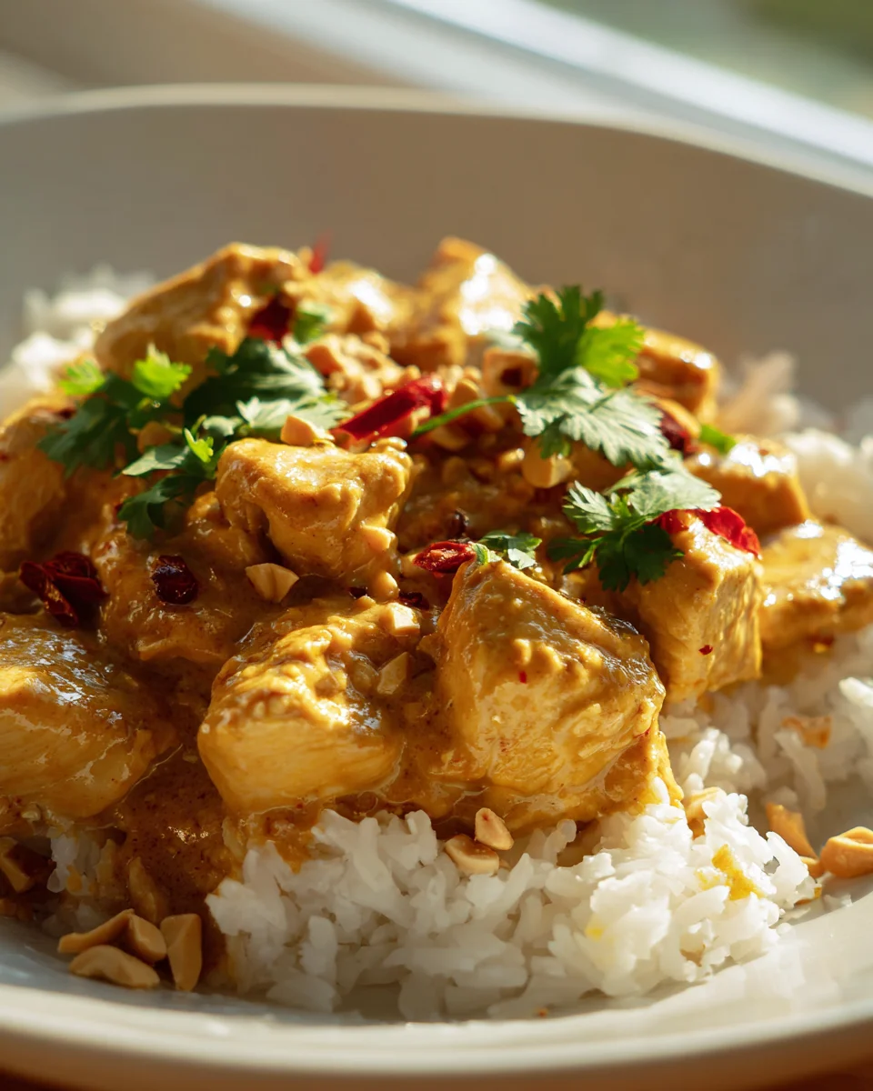 Cremiges Erdnussbutter-Hühnchen-Curry mit Kokosreis Rezept