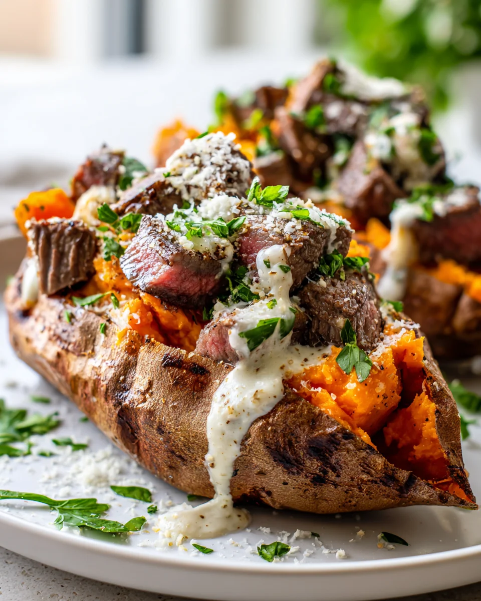 Air Fryer Steak gefüllte Süßkartoffeln mit Knoblauch-Parmesan-Sauce